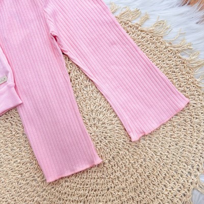 Conj. Casaco Floral de Moletom com Babadinhos e Calça Ribana Flare - Rosa